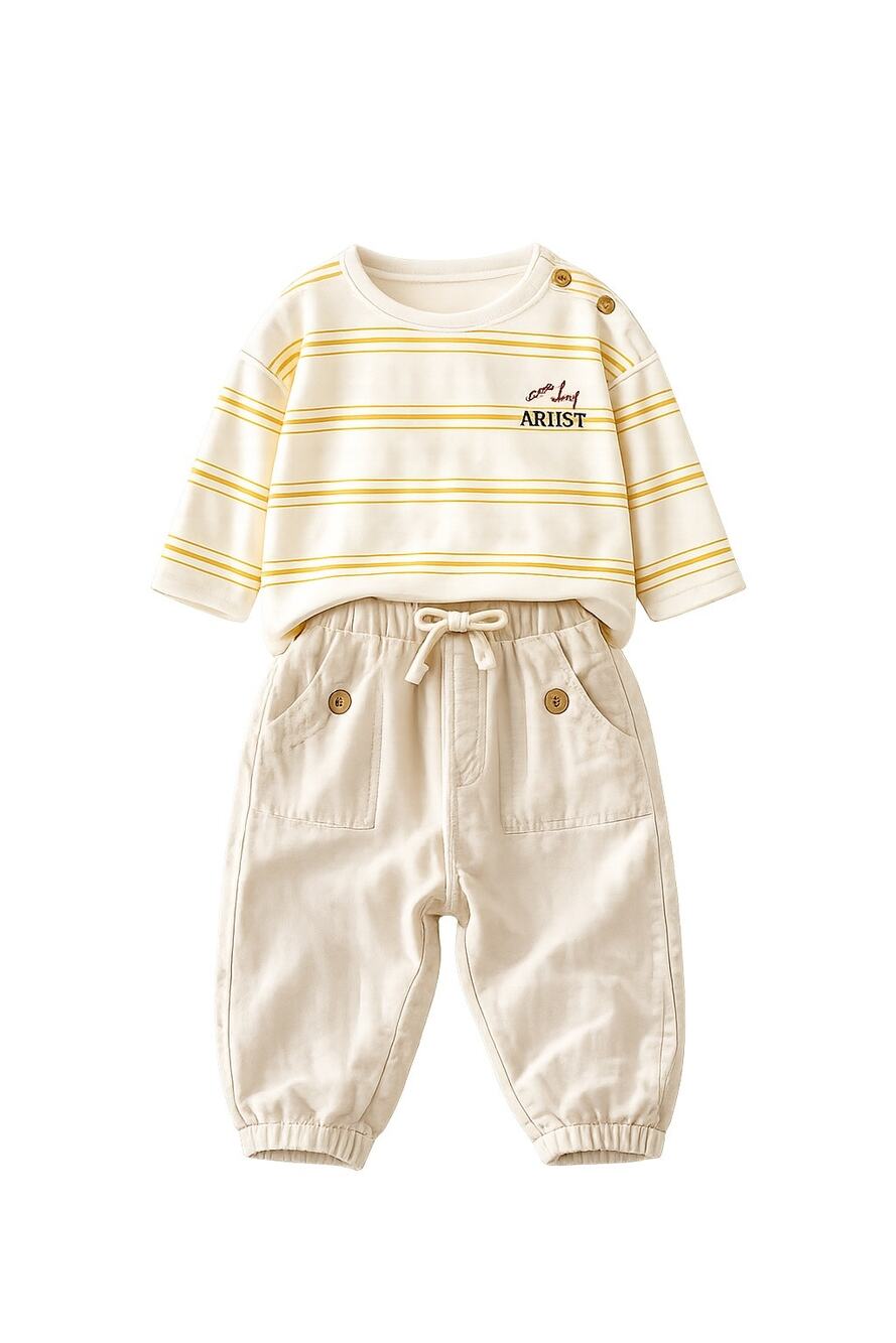 Zara Baby Artist Stripe Tee & Beige Jogger Pants Outfit Set 12-18M